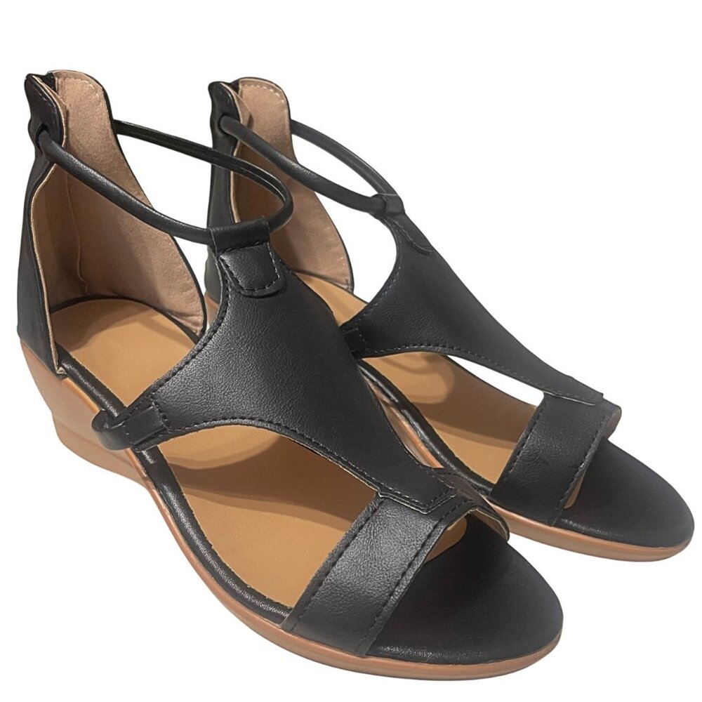 Faux Leather Open Toe Cutout Wedge Sandals Back Zipper Tan Sole Strappy Design